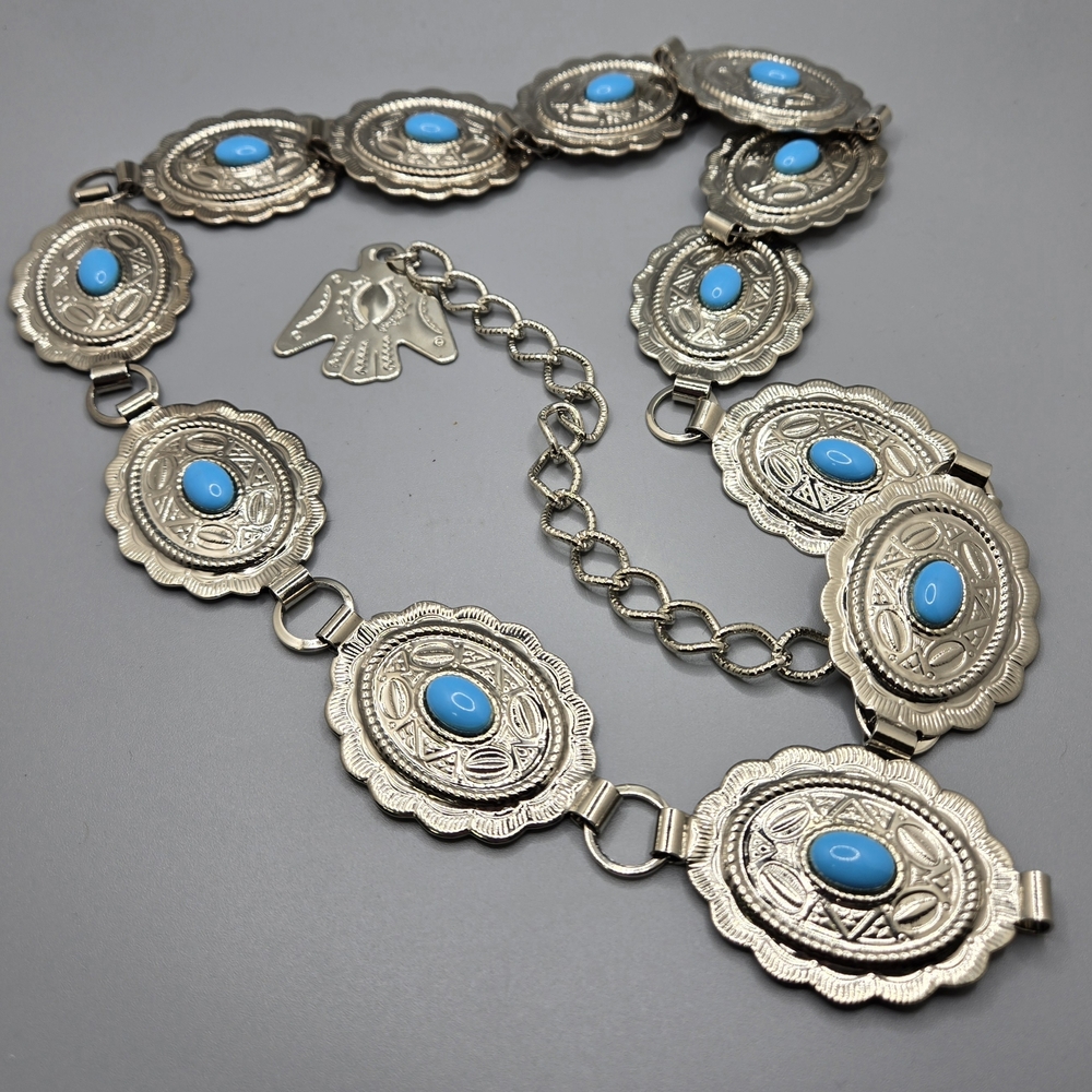 Women's Belt Faux Turquoise & Silver Tone Linked NA Thunderbird Southwestern